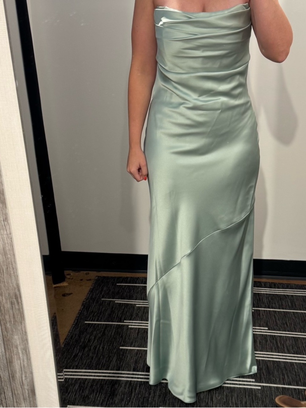 Amsale Strapless Cowl Neck Satin Gown in Sage Green
